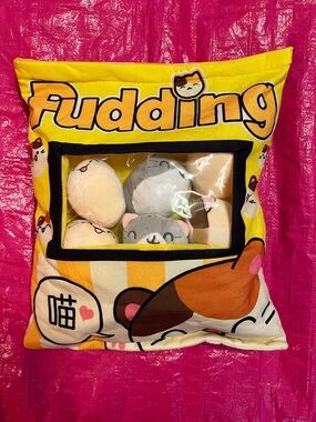 Pudding Cat Plush Bundle + Storage Pillow – Kawaii Squishy Plush Set Cute